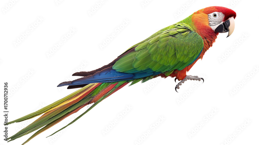 Fototapeta premium Green Winged Macaw Perched on Branch Exotic Bird with Colorful Plumage Isolated