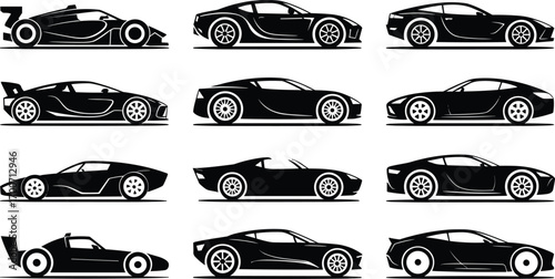 Vector collection of modern sports cars silhouettes showing luxury automobiles, fast racing vehicles, stylish side view transport, elegant black designs, and detailed wheels illustrations