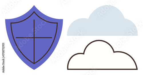 Purple shield with a cross design beside two cloud outlines symbolizing cybersecurity, data safety, and cloud storage protection. Ideal for security, technology, privacy, storage, defense, IT