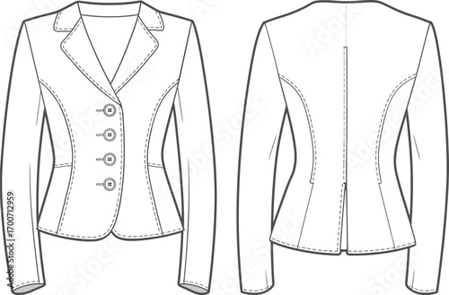 Women’s fitted blazer jacket technical fashion flat sketch, tailored formal clothing template design with buttons, cad drawing flat vector illustration