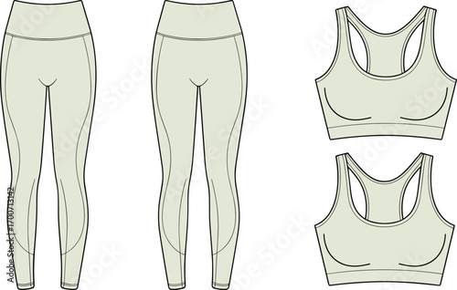 Women activewear leggings and sports bra technical fashion flat sketch, workout clothing template design, cad drawing flat vector illustration