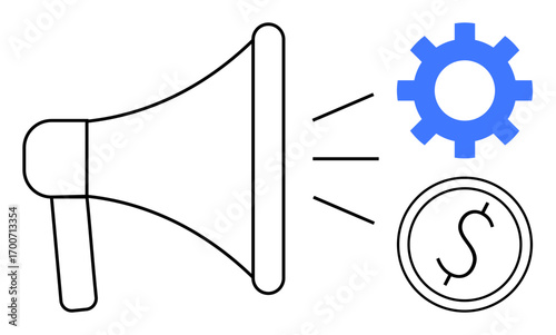 Megaphone emitting sound waves towards a gear and dollar icon. Ideal for marketing, advertising, communication, promotion, business growth, revenue generation, operational efficiency. Simple flat