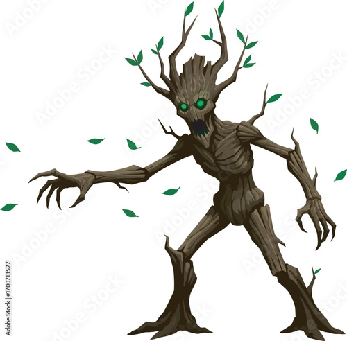 Terrifying sentient tree monster with glowing green eyes and gnarled branches