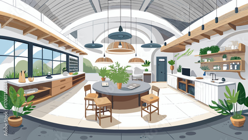 Magnificent 360 panorama of a minimalist specialty coffee shop, with whitewashed walls, ash wood tables, concrete floors, and potted greenery, exuding simplicity, freshness, and modern Scandinavian st