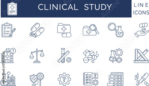 Vector illustration of clinical study line icons collection featuring medical research, laboratory, hospital, healthcare, medicine, pharmaceutical analysis, and scientific testing symbols