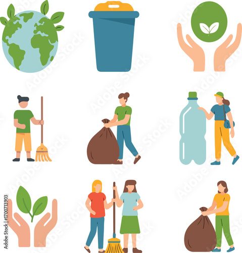 World Cleanup Day icon set with flat-style people cleaning trash, recycle bin leaves, and earth illustration