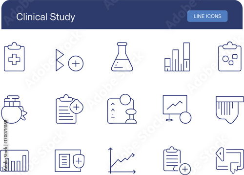 Vector illustration of clinical study line icons with laboratory research, medical analysis, healthcare reports, pharmaceutical symbols, and hospital research tools