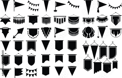 Pennant Hanging Decoration Icon Silhouette Set Festival Pennant Banner Vector Silhouette Collection