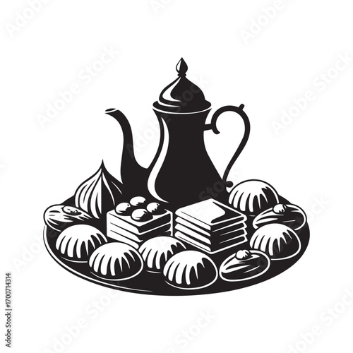 Traditional middle eastern coffee pot and assortment of delicious oriental sweets and pastries on a decorative platter