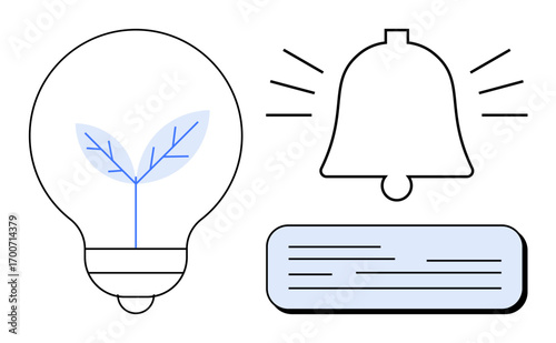 Lightbulb with sprouting leaf symbolizes eco-friendly innovation, bell for notifications and message box representing communication. Ideal for sustainability, reminders, alerts, messages, growth