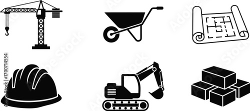 Vector illustration of construction equipment icons set with tower crane, excavator, safety helmet, wheelbarrow, blueprint, and bricks for engineering and architecture projects