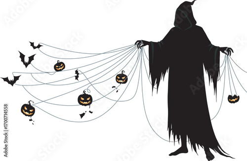 Spooky Halloween grim reaper silhouette with glowing jack-o'-lanterns and webs