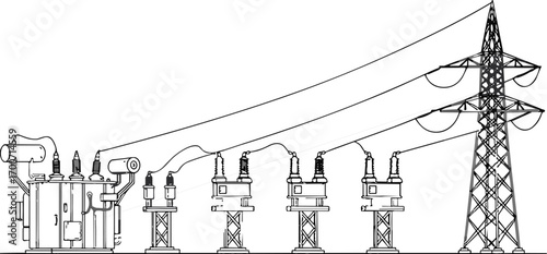 Electric transformer substation, high voltage power lines, energy distribution system, utility grid infrastructure, electricity industry network, cad drawing flat vector illustration