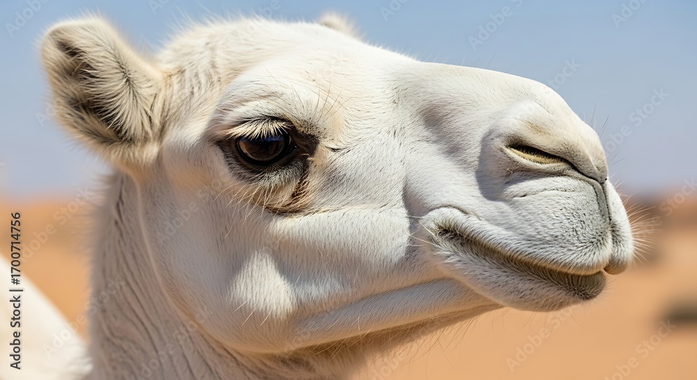 Obraz premium Close up of a white camel in the desert.