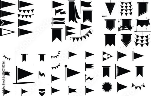 Pennant Hanging Decoration Icon Silhouette Set Festival Pennant Banner Vector Silhouette Collection