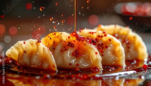 Dumplings being drizzled with spicy chili oil sauce in a close-up shot.