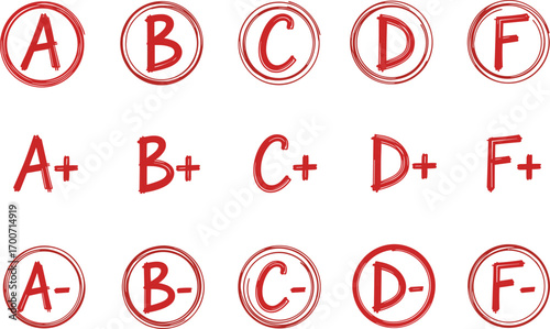 Academic grade vector, A to F icons, plus minus marks, red font symbols, school rating set, cad drawing flat vector illustration