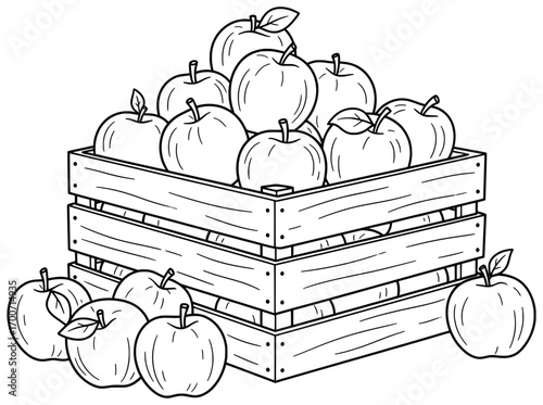 Apple crate illustration with a wooden box stacked full of fruits and several apples scattered around, drawn in a clean cartoon outline style perfect for coloring pages and decorative design resources