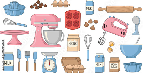 Baking tools vector, kitchen utensils, mixer, cake pan, flour, eggs, sugar, colorful design, cad drawing flat vector illustration