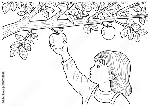 Apple picking illustration with a young girl reaching for fruit on a tree branch, drawn in a clean cartoon outline style perfect for coloring pages, educational artwork, and creative design projects