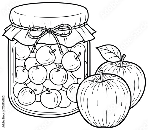 Apple jar vector illustration with fruits stored inside a glass container tied with a ribbon and two large apples placed outside drawn in clean cartoon outline style for coloring pages and design reso