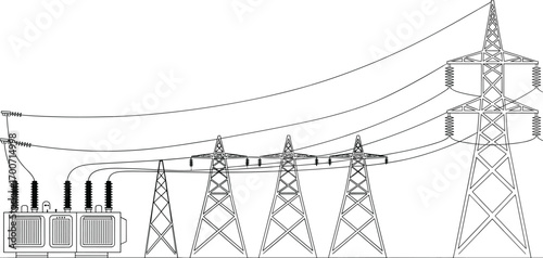 Electrical substation transformer, high voltage transmission towers, power distribution network, energy infrastructure system, utility grid industry, cad drawing flat vector illustration