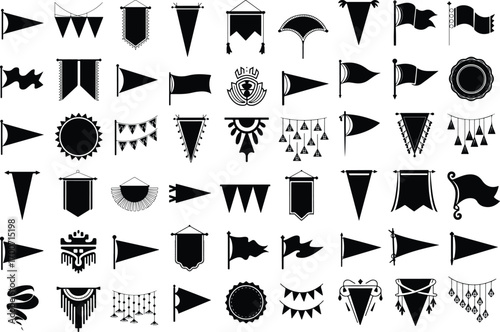 Pennant Hanging Decoration Icon Silhouette Set Festival Pennant Banner Vector Silhouette Collection