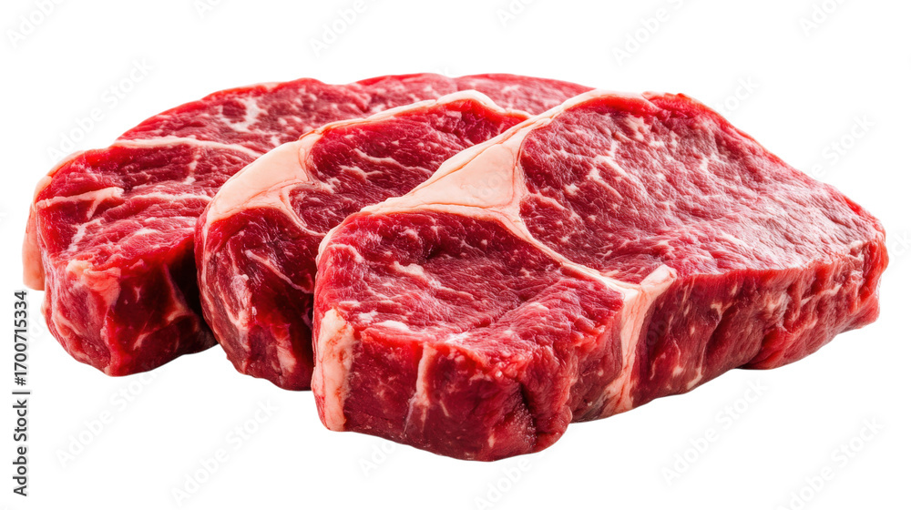 Obraz premium Three Fresh Raw Beef Steaks Stacked on Top of Each Other on a Transparent Background Ready to Cook