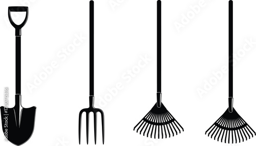 Vector illustration of garden tools silhouette including shovel, pitchfork, and rakes, black isolated icons for farming, gardening, landscaping, and agriculture design