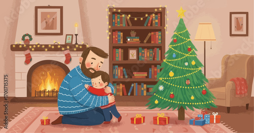 Father hugging child by Christmas tree in cozy living room  
