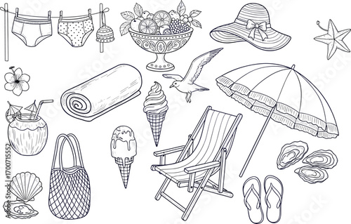 Summer beach vector, tropical items, bikini, citrus bowl, coconut drink, beach chair, line art, cad drawing flat vector illustration