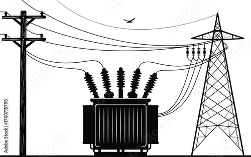 Electric power substation transformer with high voltage tower, energy transmission lines, electricity distribution system, grid infrastructure, cad drawing flat vector illustration