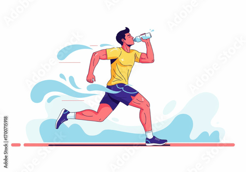 A man in athletic attire runs while drinking water, staying hydrated during exercise.