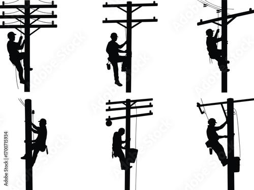 Electric lineman worker climbing utility pole, repairing power lines, silhouette electrician maintenance, electricity safety gear, cad drawing flat vector illustration