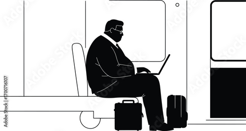 Commuter Action, Business Traveler, Subway Train, Vector Illustration, Urban Environment, Side View, Professional Focus on Work Efficiency in Vector Art