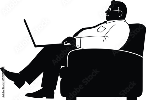 Businessman Working on Laptop at Home, Vector Illustration, Cozy Indoor Setting, Modern Lifestyle, Side View, Digital Concept