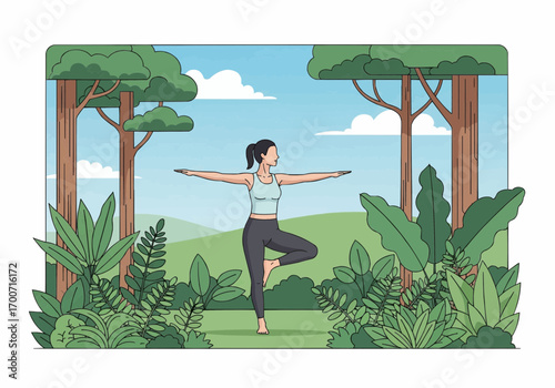 Woman practicing yoga outdoors in a lush green forest.