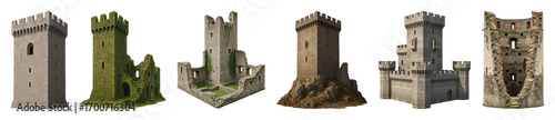 Castle tower set including medieval, ruined, mossy, and stone fortress variants isolated. Fantasy and historical architecture collection.