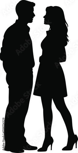 Romantic couple silhouette, man and woman standing together, love relationship artwork, elegant pose, black vector drawing, cad drawing flat vector illustration