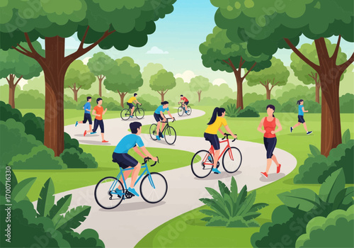 People enjoying outdoor recreational activities like cycling and jogging in a lush green park on a sunny day.