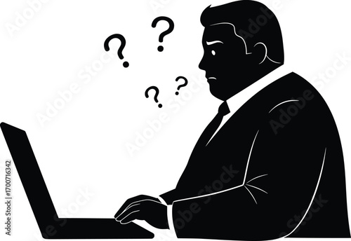 Businessman Contemplating Confusion Over Laptop, Vector Graphic, Office Environment, Digital Illustration Concept for SEO Optimization and User Engagement
