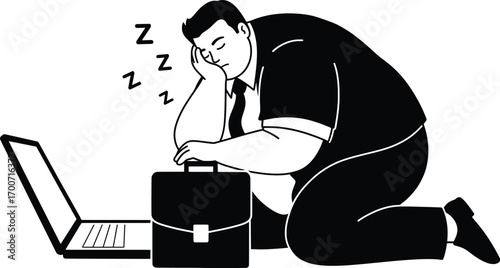 Exhausted Businessman Napping at Desk, Office Environment, Vector Illustration Depicting Stress and Fatigue in a Corporate Setting