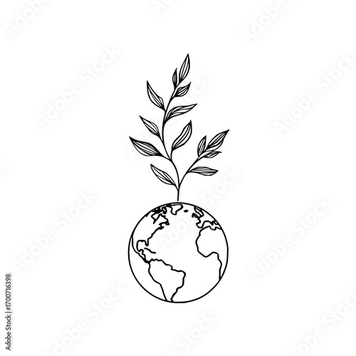 Earth day illustration of growing plant on globe for environmental awareness and sustainability concept