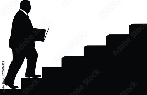 Professional Man Climbing Stairs with Laptop - Vector Illustration - Modern Office Environment - Motivational Concept - Success Journey - Business Growth