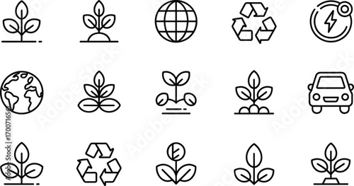 Vector set of eco environment line icons with plant growth, recycling, sustainability, green energy, renewable resources, earth, and eco-friendly lifestyle