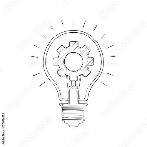 Lightbulb idea with gear sketch illustration for creative innovation solution and engineering concept drawing