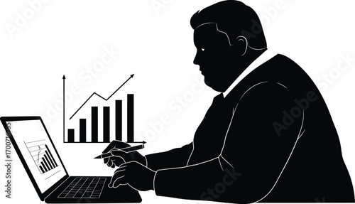 Business Analyst Working on Laptop, Data Visualization, Office Environment, Vector Graphics, Professional Setting, Insightful Concepts and Trends