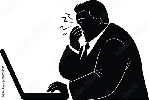 Corporate Employee Feeling Overwhelmed at Desk with Laptop, Vector Illustration, Professional Environment, Close-Up View of Stress Concept
