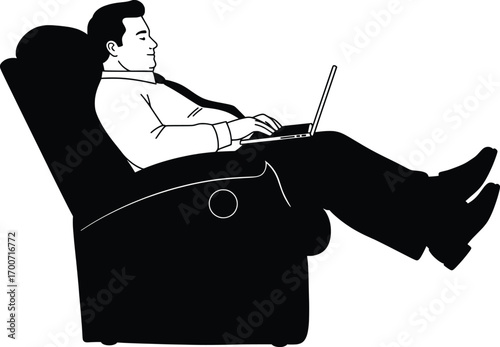 Relaxing Businessman Working on Laptop in Cozy Chair | Vector Illustration | Home Office Environment | Digital Art | High-Resolution Vector Design