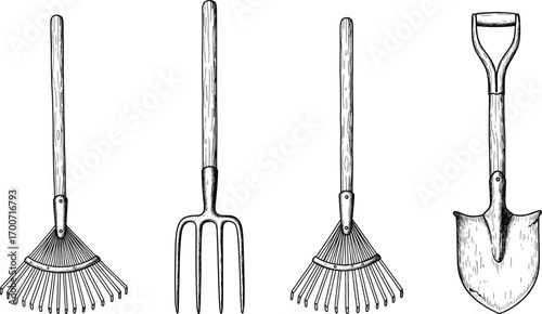 Vintage engraving style vector illustration of garden tools including rake, shovel, and pitchfork, detailed hand drawn farming, agriculture, landscaping equipment icons